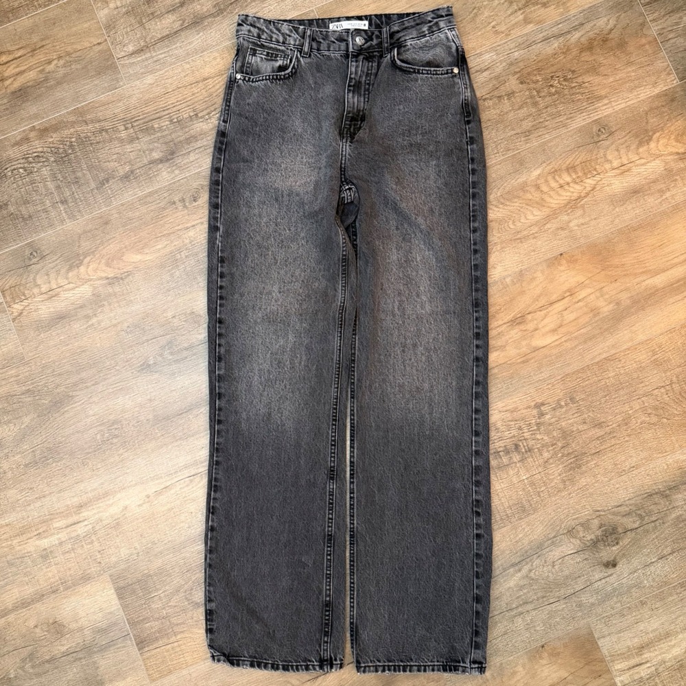 Zara Women 6 Faded Black High Waisted Wide Leg Cotton Denim Jeans Grunge Baggy
